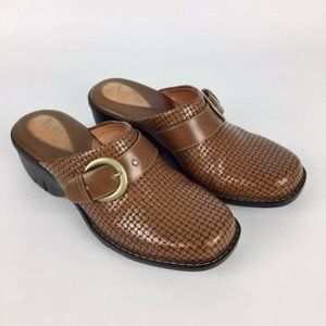 Clarks Womens Tan Brown Leather Heeled Mules Basket Weave Comfort Shoes size 7